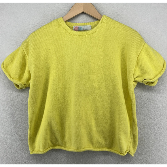 FP BEACH Sweater L FREE PEOPLE Ribbed Boxy Cuff Short Sleeve Cotton Yellow - Picture 1 of 14